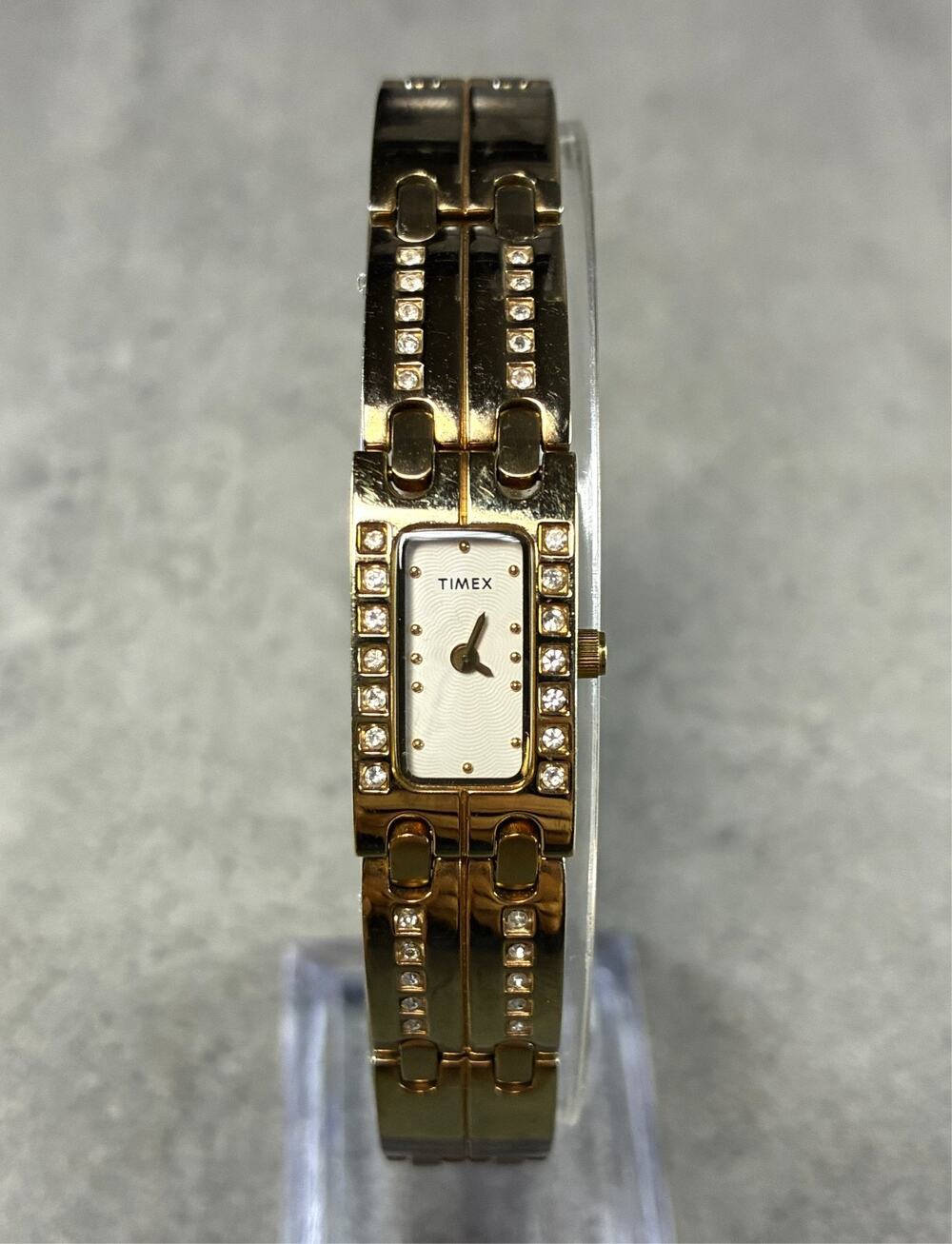 Timex Vintage Women's Gold Tone Rectangular Watch Gem Bezel White Dial Works 8in